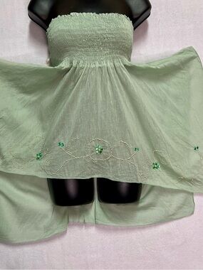 Y2K NWT Solitaire Smocked Asym Dusty Mint Fairy Tube Top Coquette Boho Beaded S